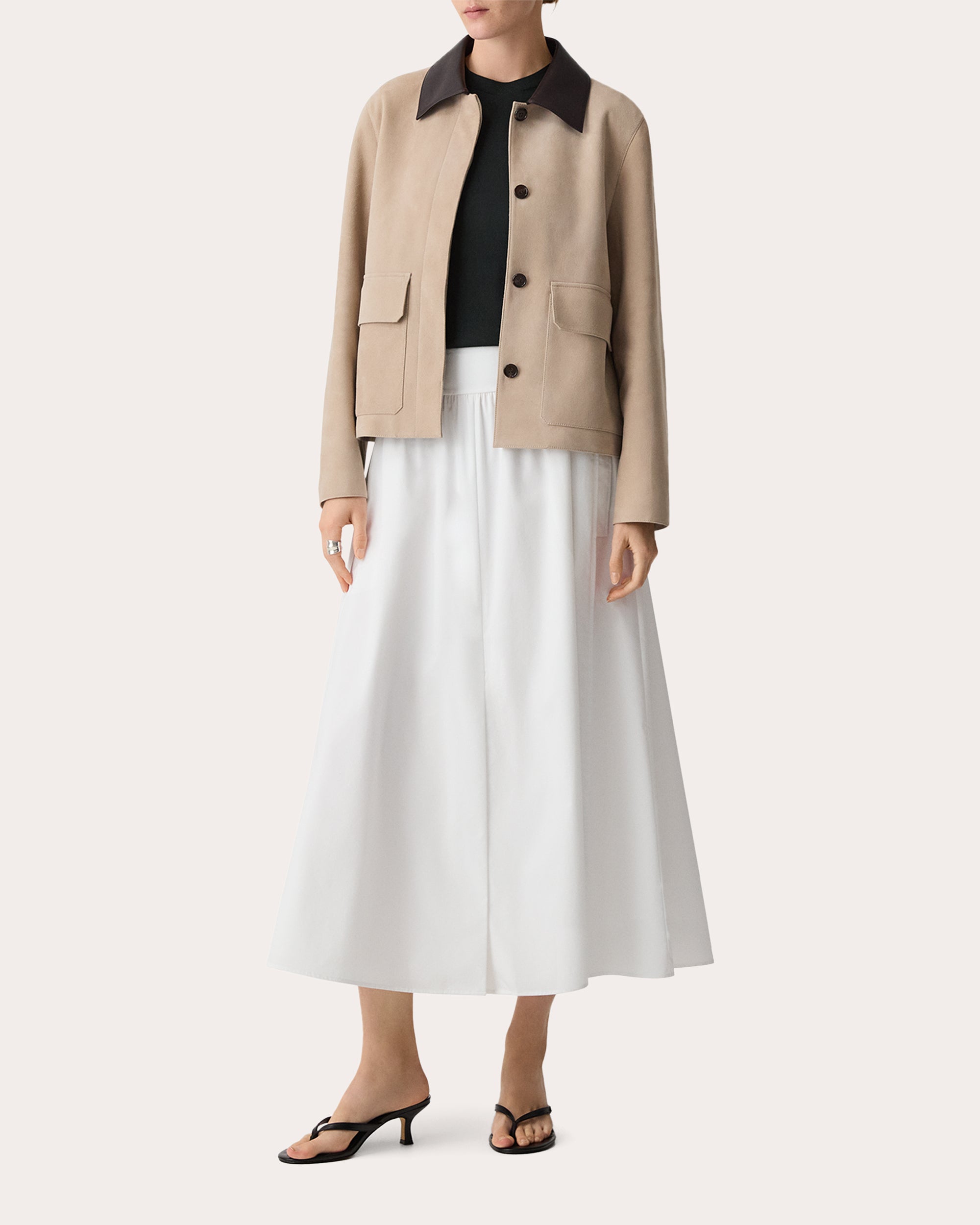 Suede Leather Combo Boxy Collared Jacket