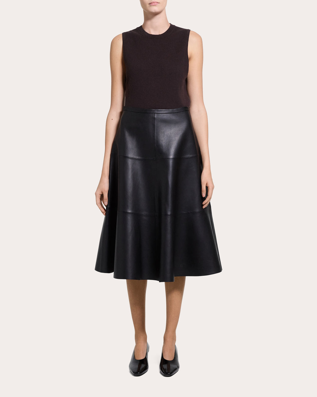 Leather Seamed Circle Midi Skirt