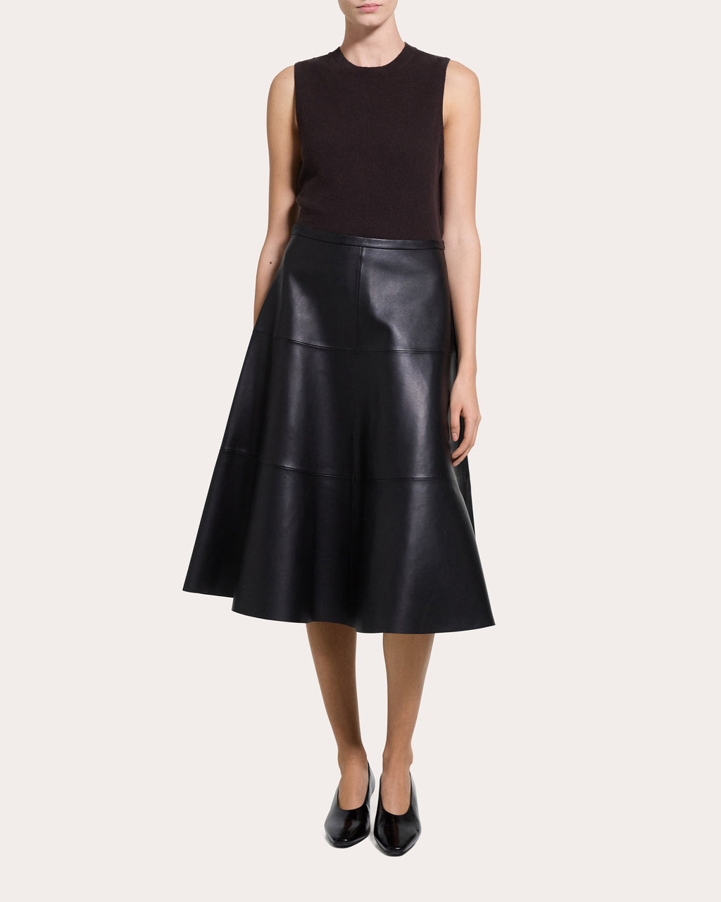 Leather Seamed Circle Midi Skirt