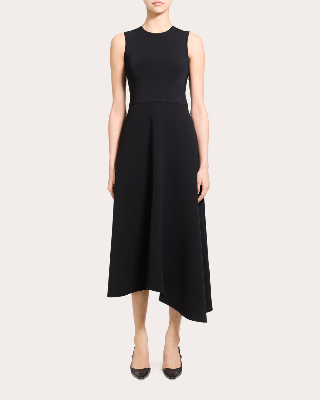 Knit Crepe Combo Asymmetric Midi Dress