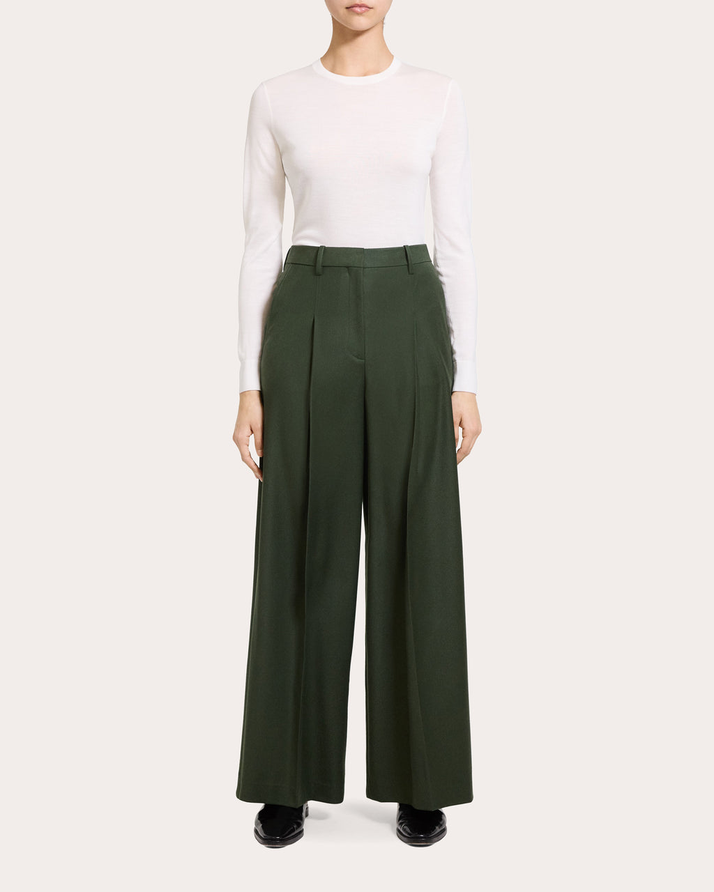 Sleek Flannel Wool Wide Pleated Trousers