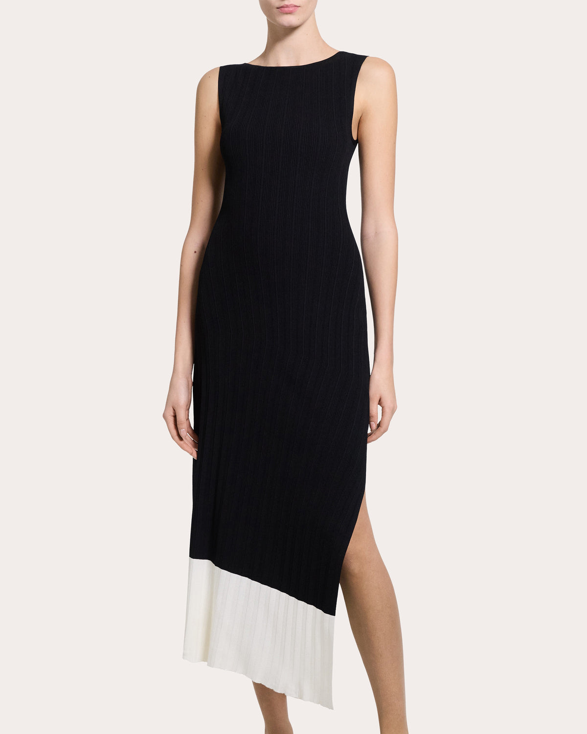 Rib Knit Asymmetric Boatneck Midi Dress