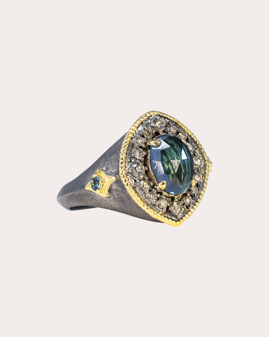 18K Gold Blackened Sterling Silver Topaz and Diamond Signet Ring