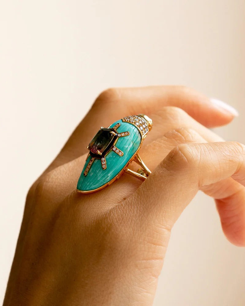 Turquoise & Watermelon Tourmaline Scarab Ring