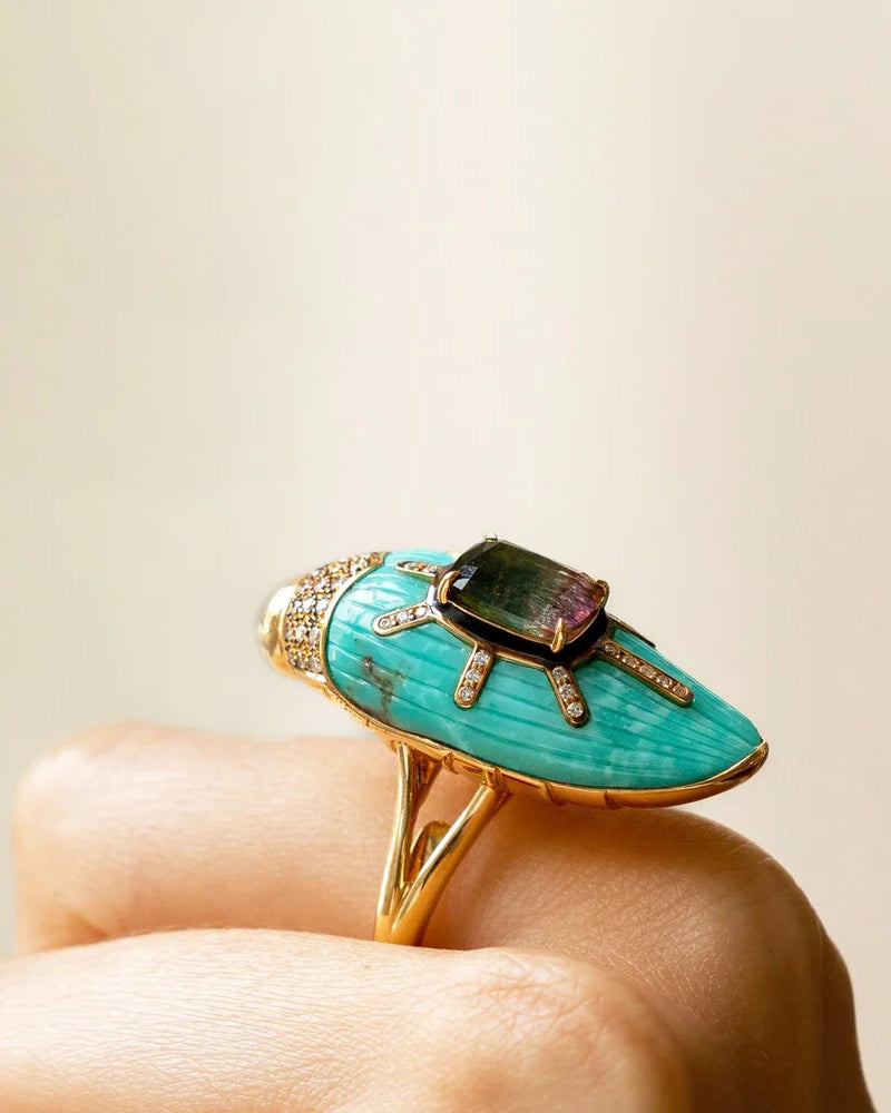 Turquoise & Watermelon Tourmaline Scarab Ring