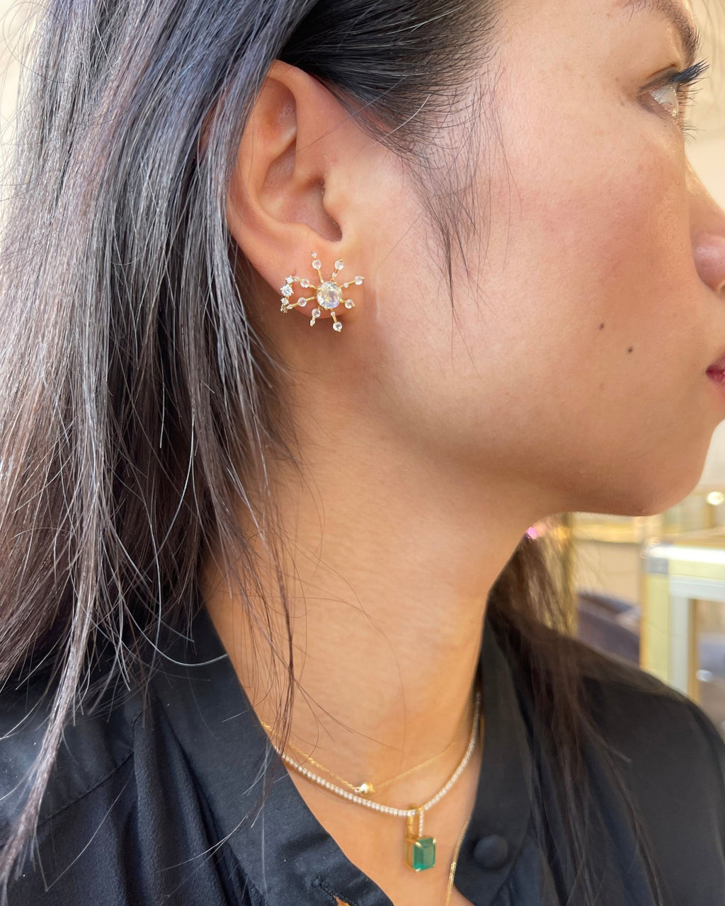 Moonstone & Diamond Starburst Stud Earrings
