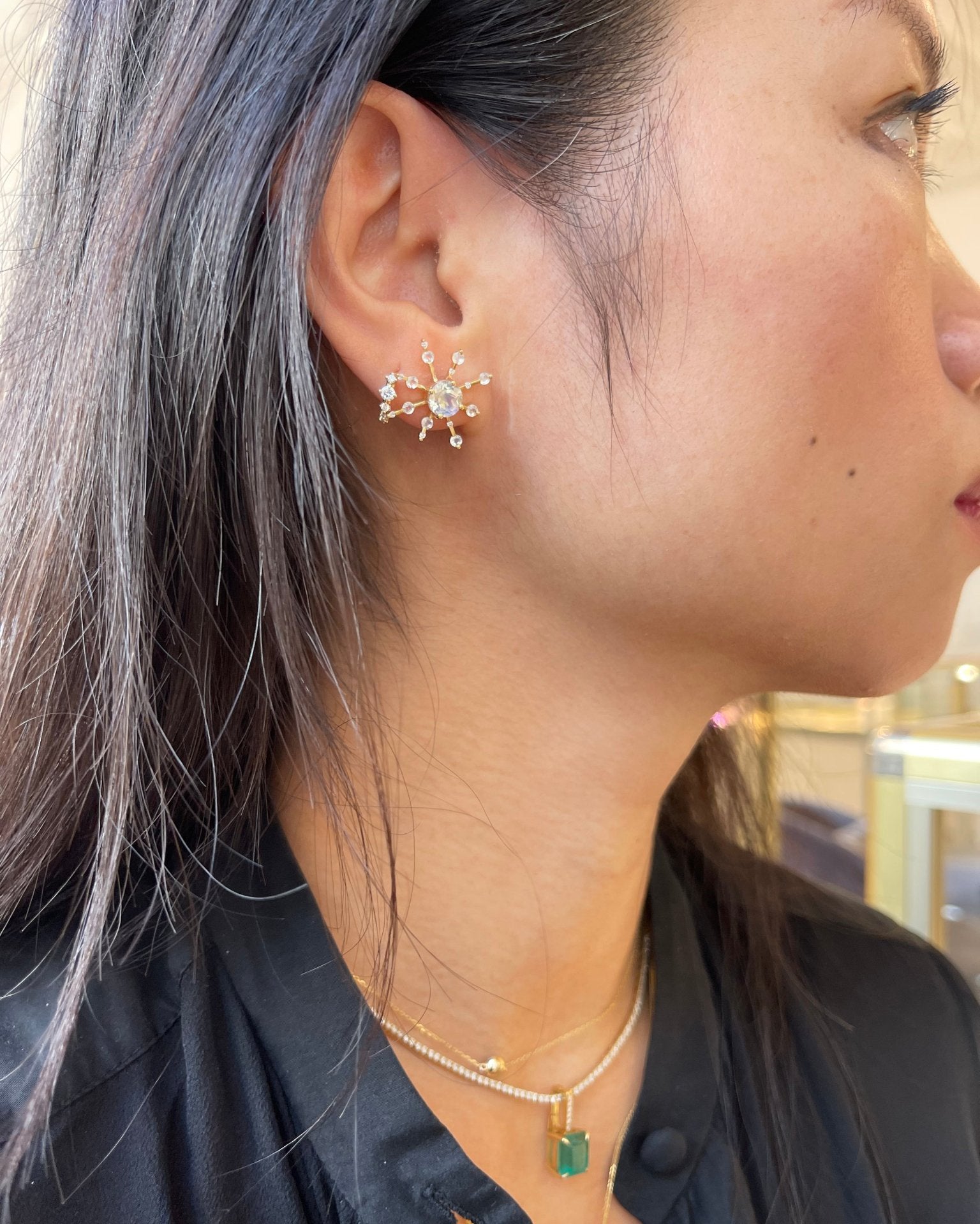 Moonstone & Diamond Starburst Stud Earrings