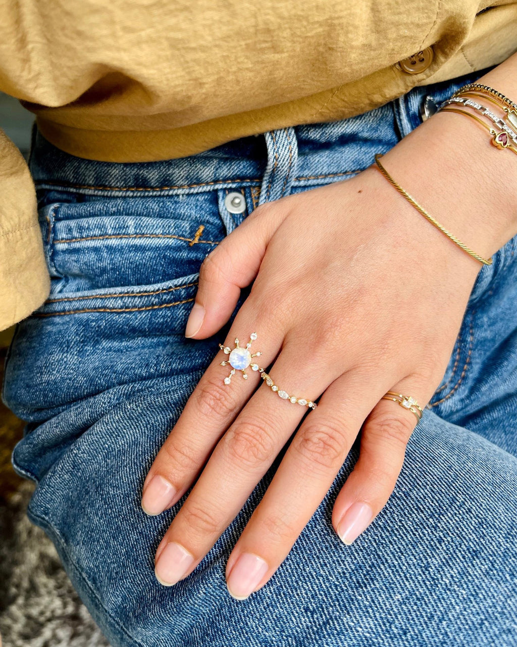 Rainbow Moonstone & Diamond Starburst Ring