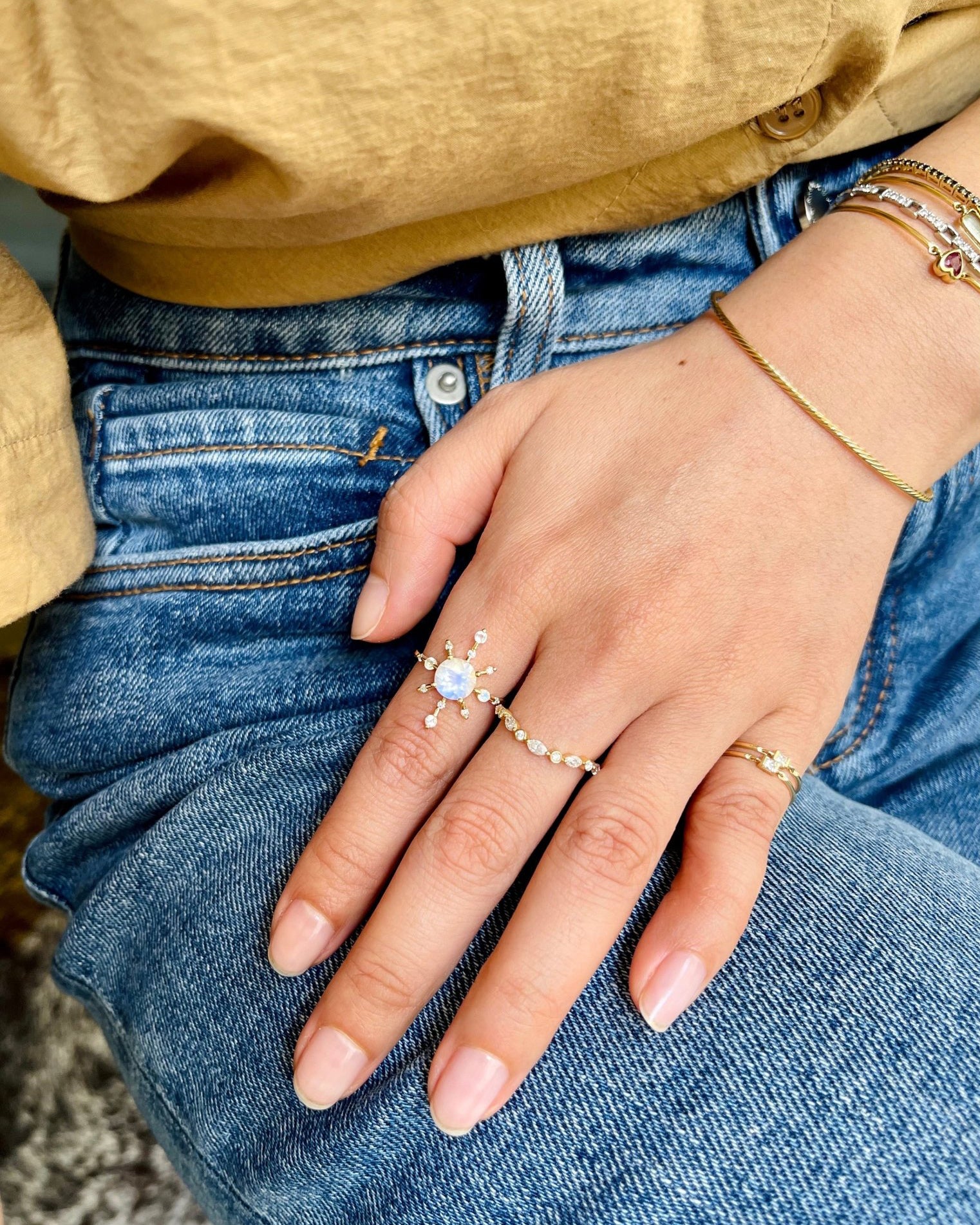 Rainbow Moonstone & Diamond Starburst Ring