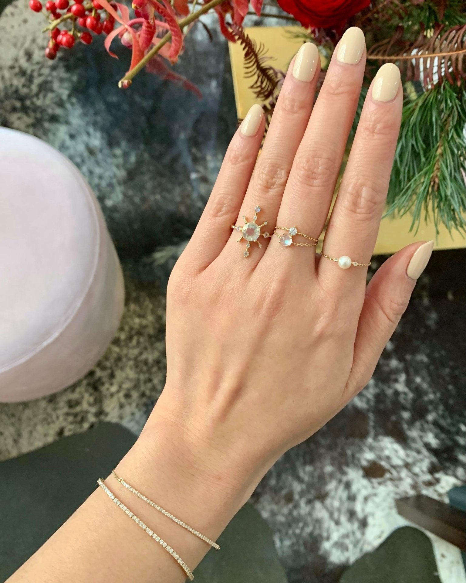 Rainbow Moonstone & Diamond Starburst Ring