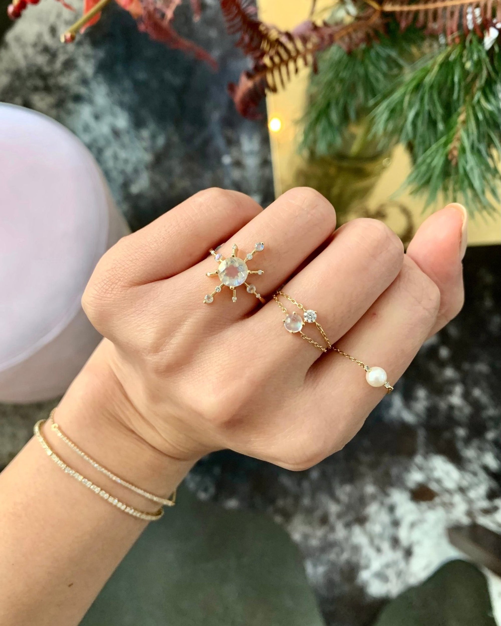 Rainbow Moonstone & Diamond Starburst Ring