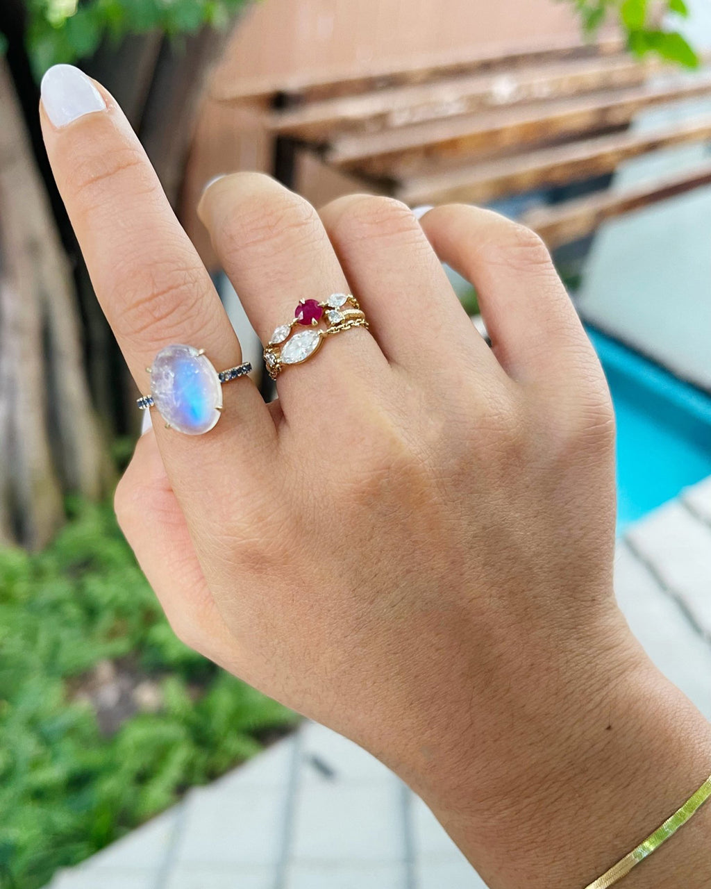 Rainbow Moonstone & Sapphire Globe Ring