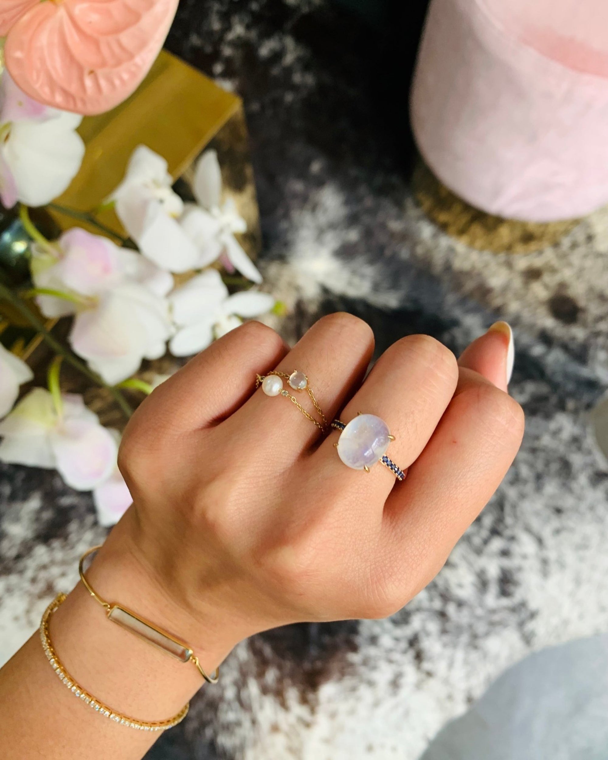 Rainbow Moonstone & Sapphire Globe Ring