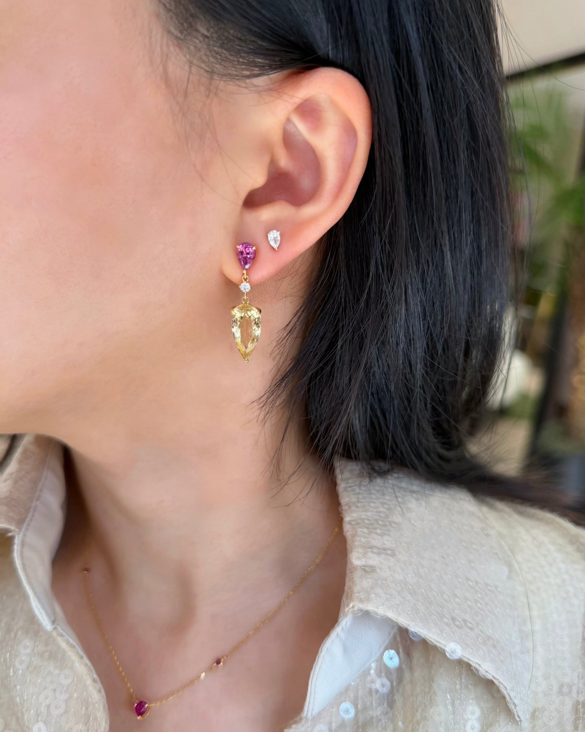 Rhodolite & Heliodor Dewdrop Drop Earrings