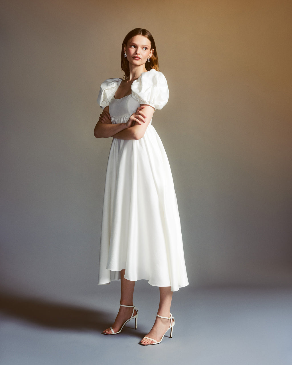 Rory Raw Silk Puff-Sleeve Midi Dress