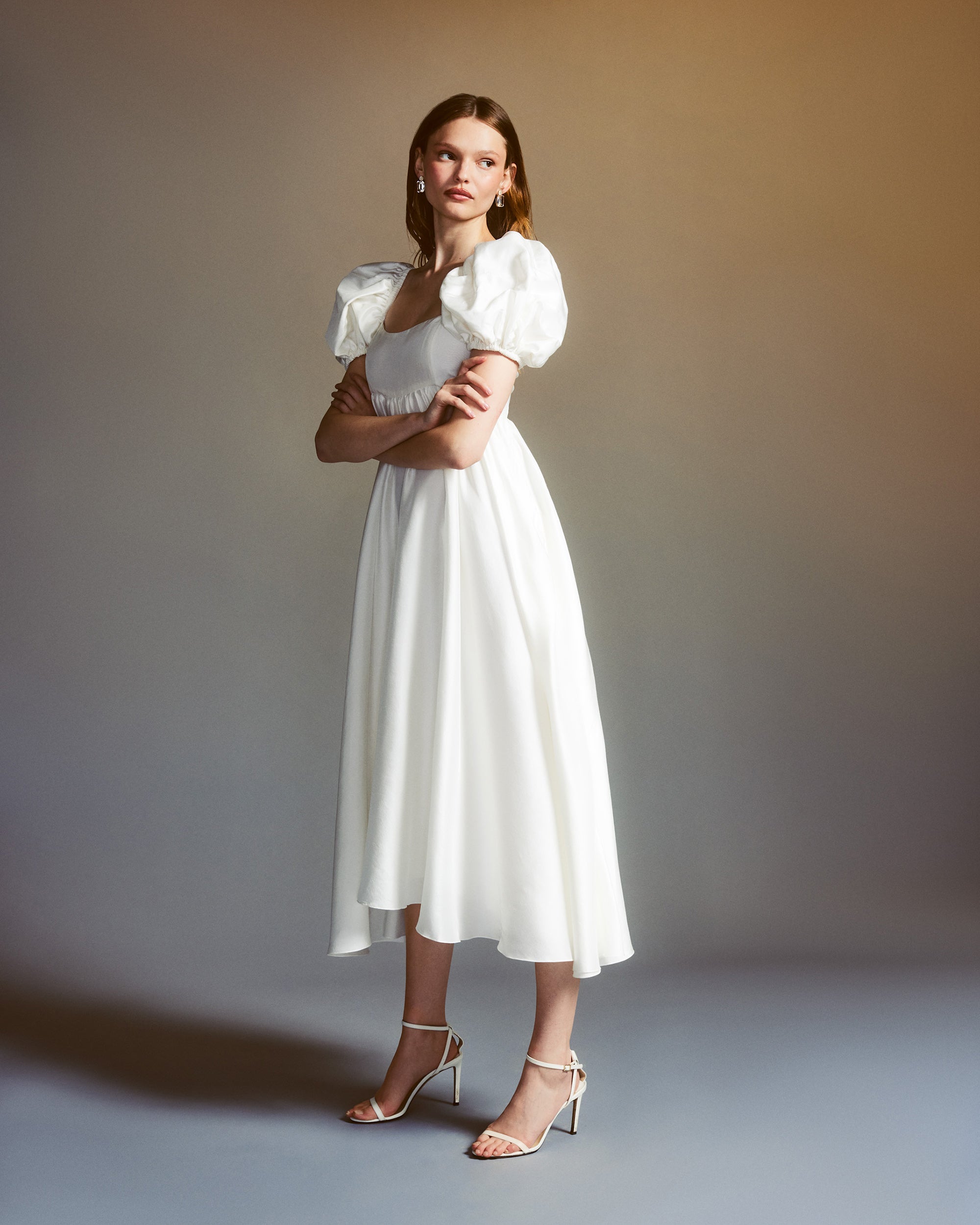 Rory Raw Silk Puff-Sleeve Midi Dress