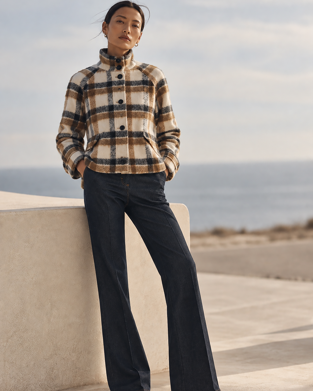 Virelle Plaid Wool Funnel Jacket