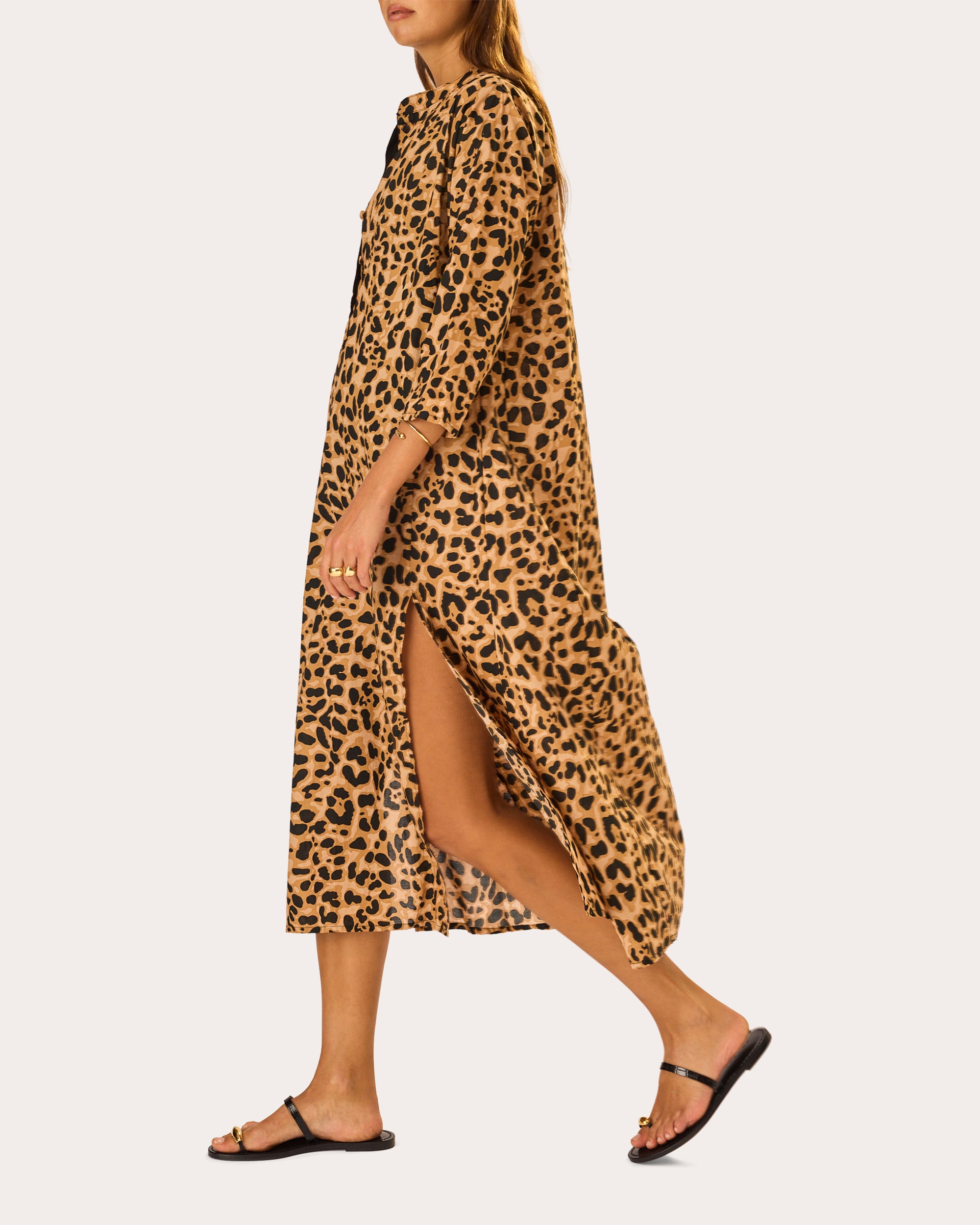 midi kaftan dresses Natalie Martin Isobel Leopard Cotton Kaftan Midi Dress in Brown Size Small