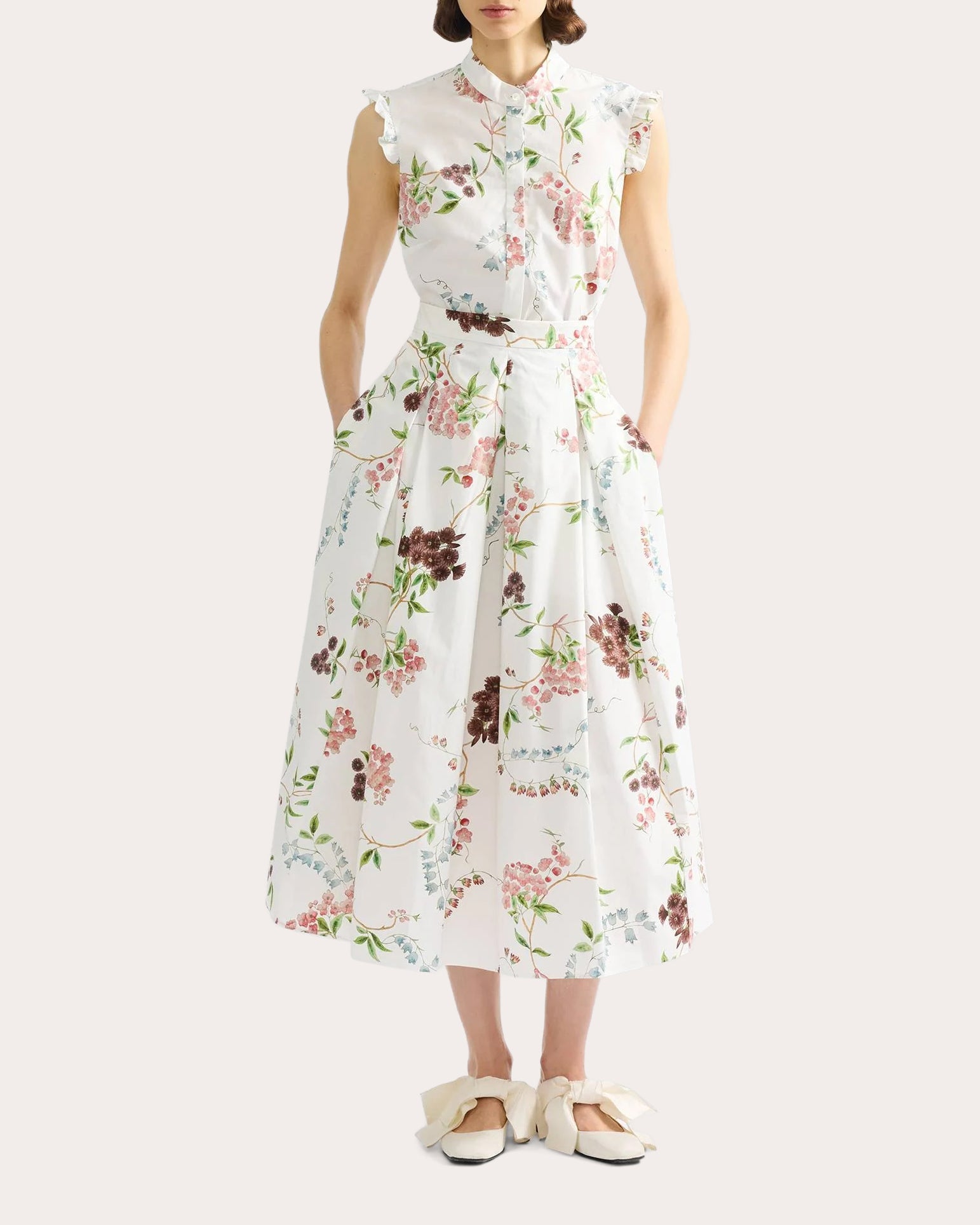 Floral Cotton Pleated Midi Skirt
