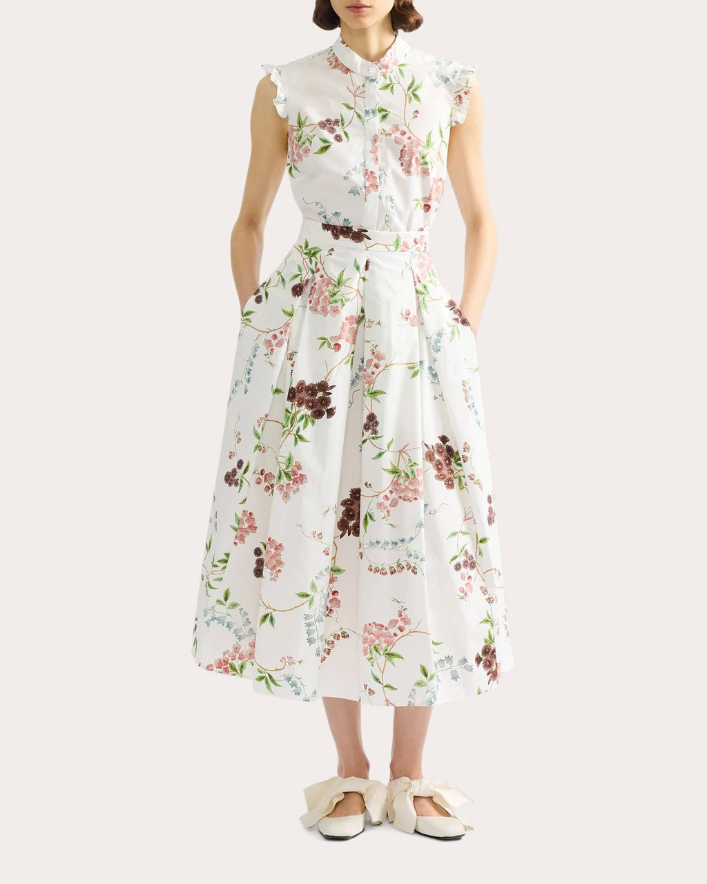 Floral Cotton Ruffle Sleeveless Shirt