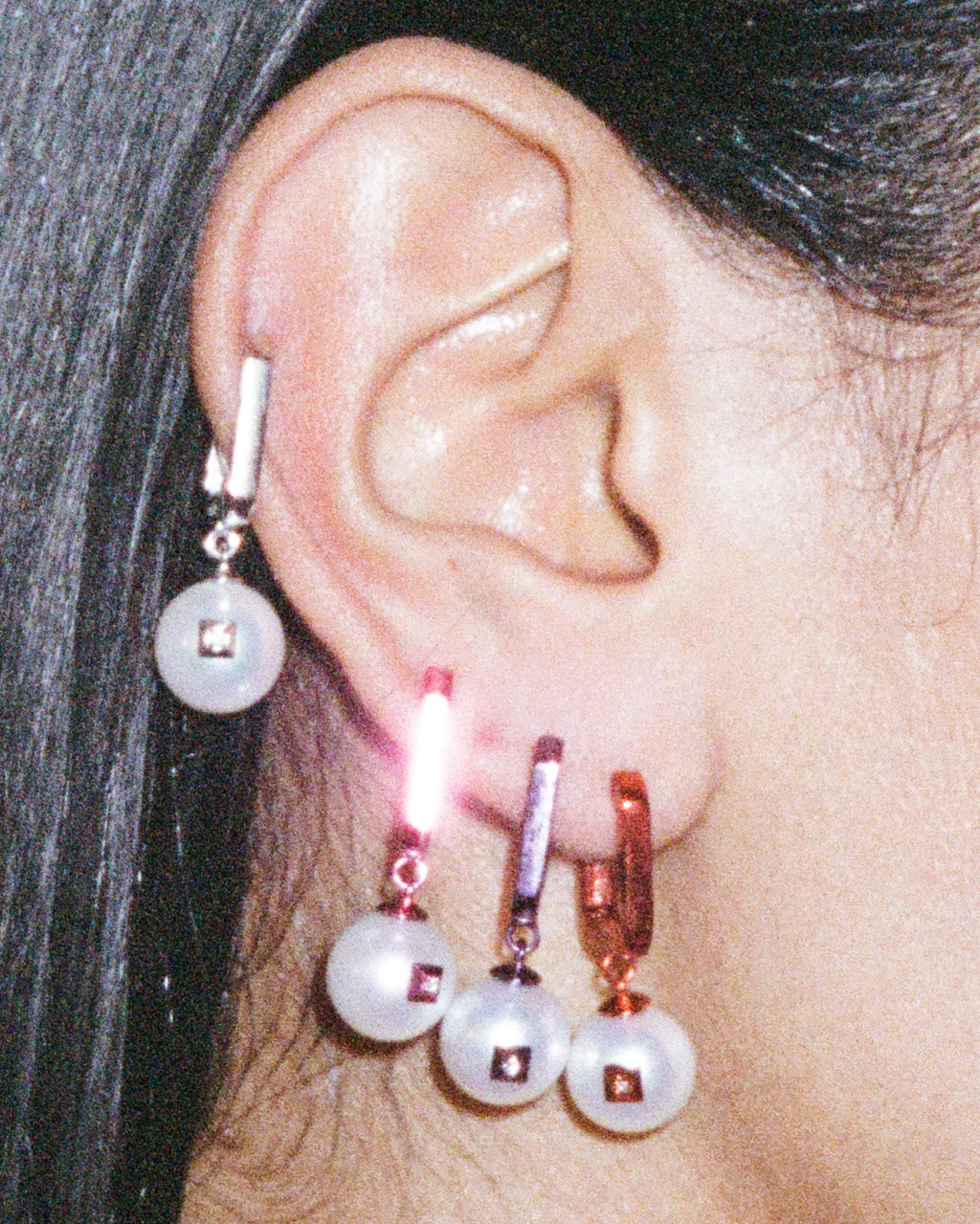 Mini Painted 18K Gold Pearl and Diamond Single Earring