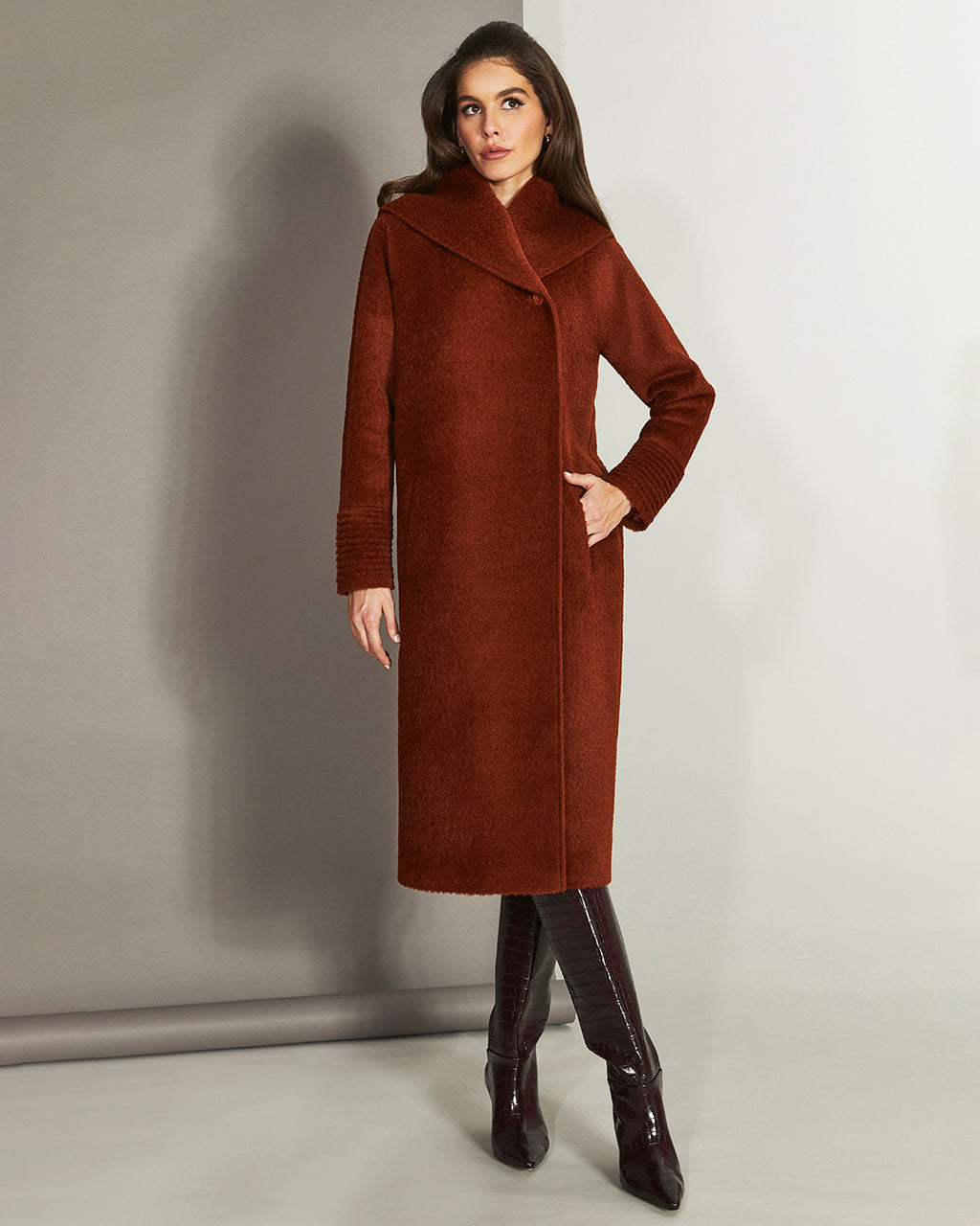 Bouclé Alpaca Long Hooded Coat