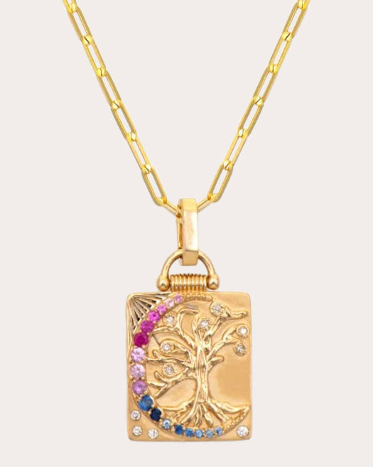 14k Gold Dreaming Tree Reversible Tablet Pendant