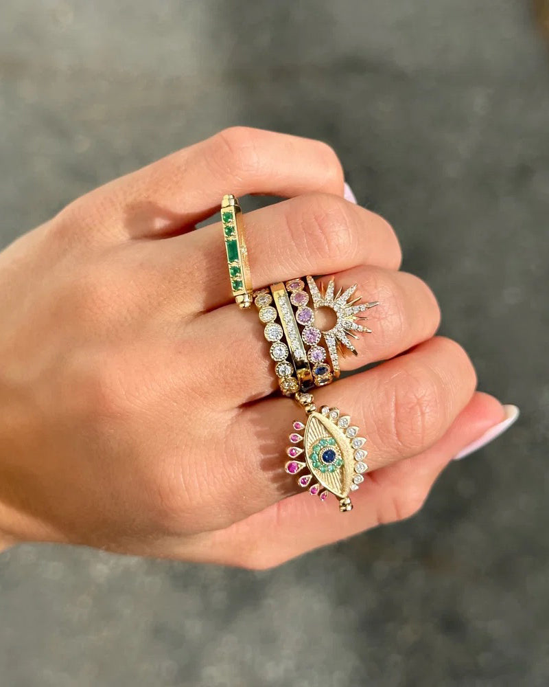 14k Gold Bejeweled Evil Eye Flip Ring