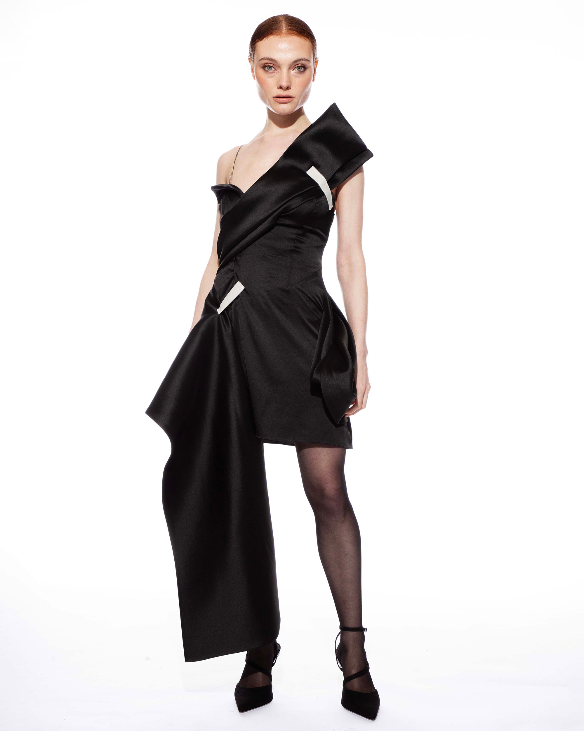 satin draped mini dress Women's PLT Label Black Satin Cowl Draped Mini Dress