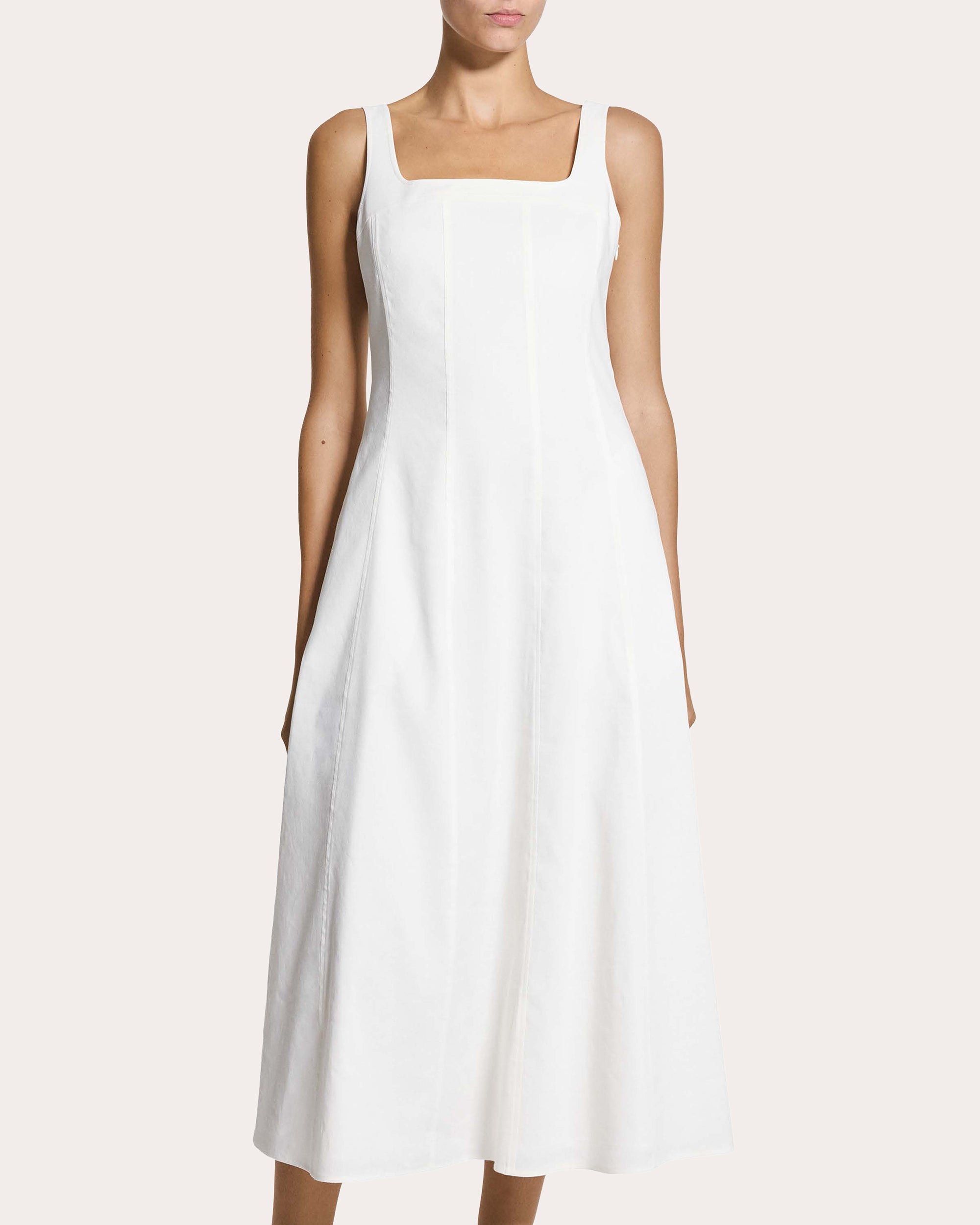 white square neck linen dress White Linen Midi Dress