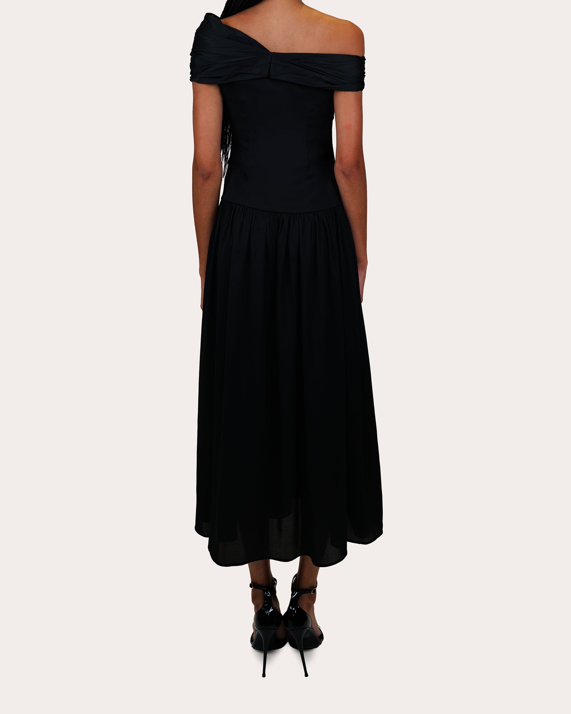 Veda Draped Off-the-Shoulder Satin Midi Dress