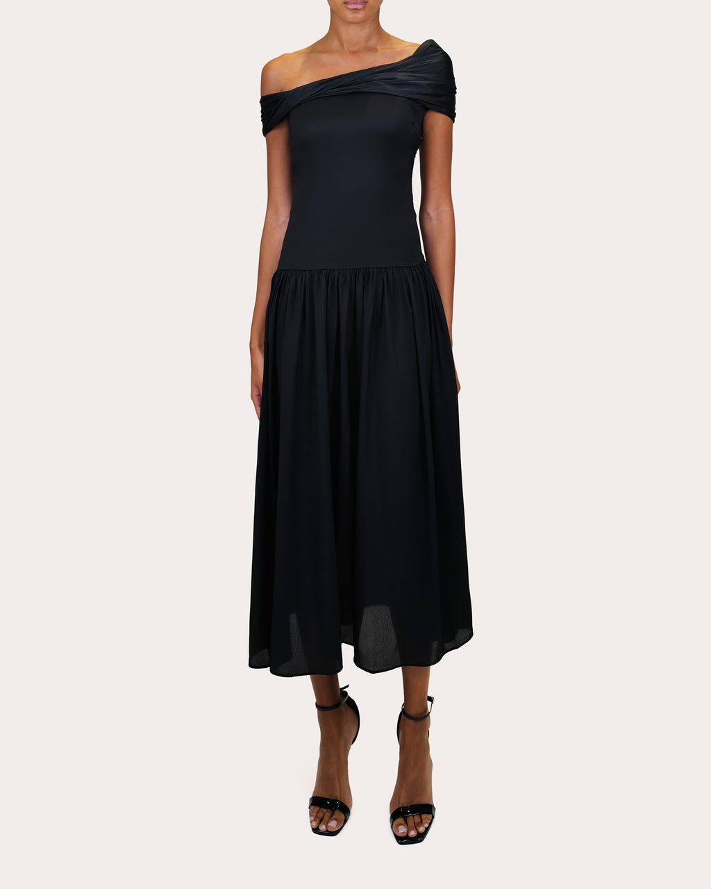 Veda Draped Off-the-Shoulder Satin Midi Dress