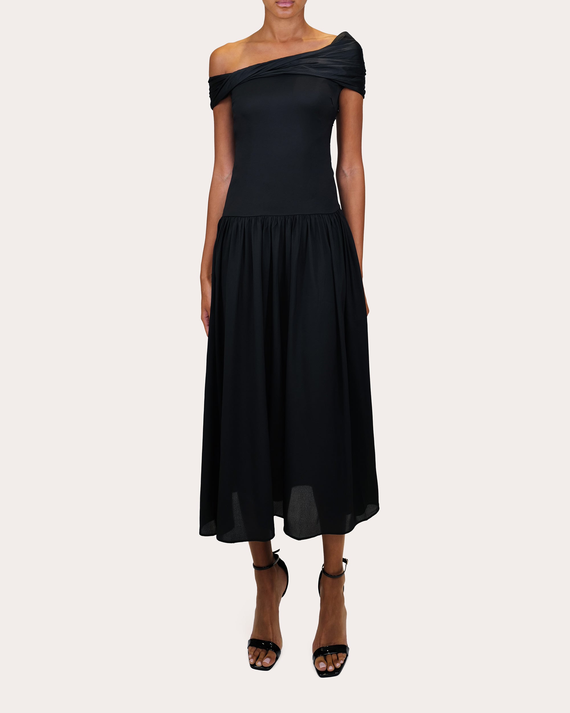 Veda Draped Off-the-Shoulder Satin Midi Dress