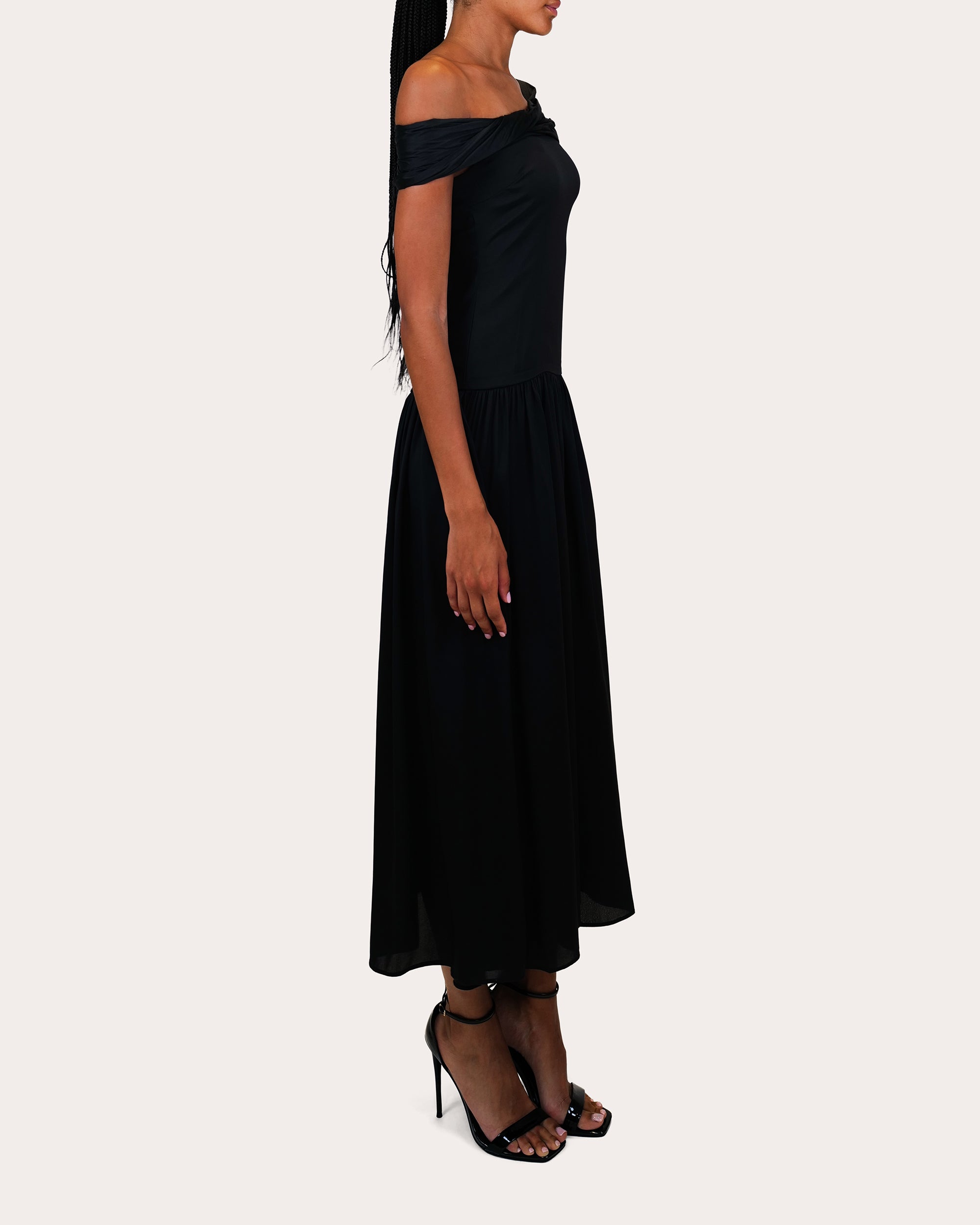 Veda Draped Off-the-Shoulder Satin Midi Dress