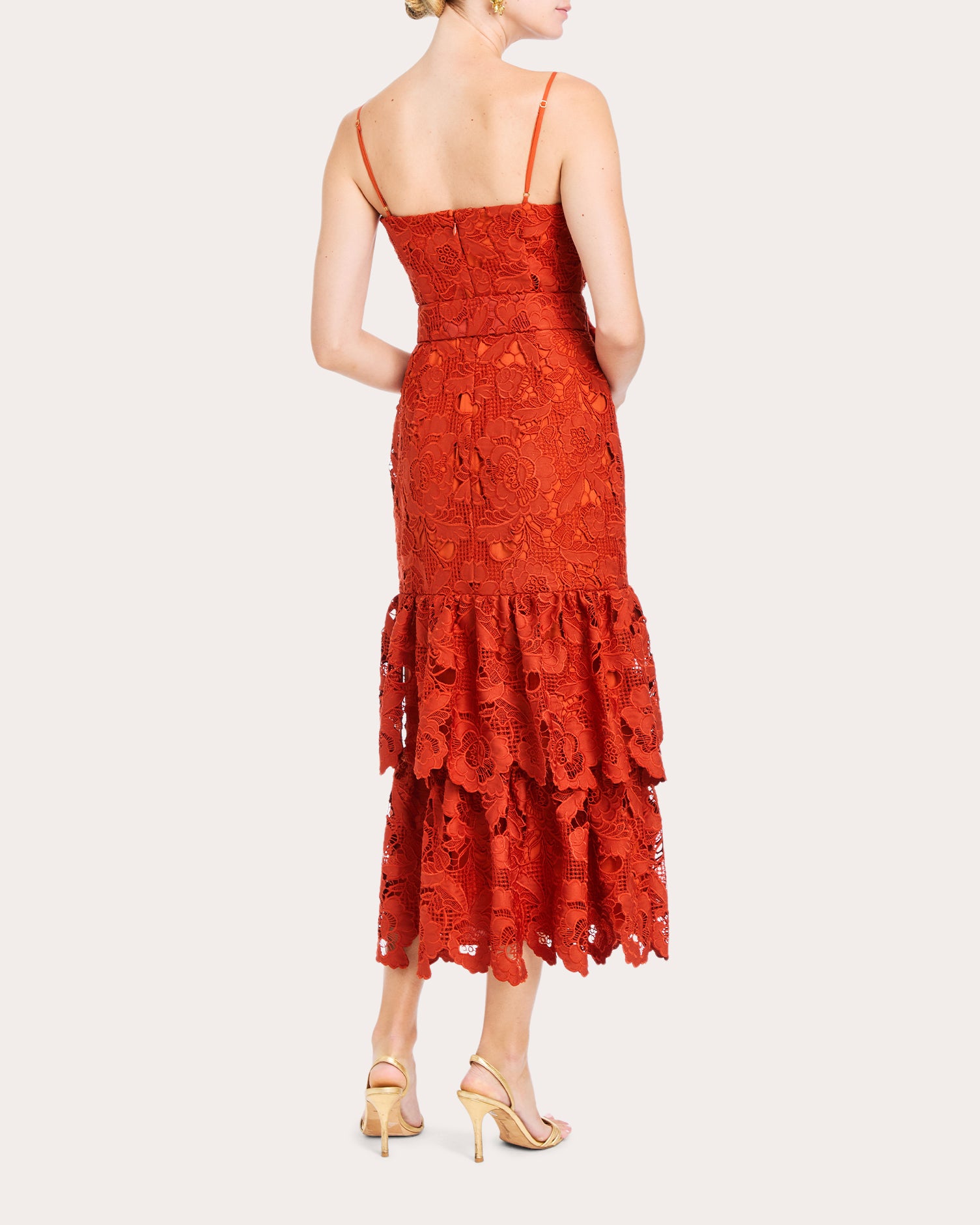 Vanessa Belted Tiered Guipure Lace Midi Dress