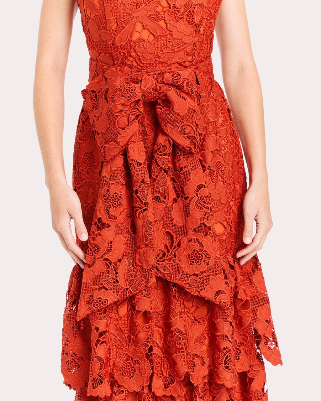 Vanessa Belted Tiered Guipure Lace Midi Dress