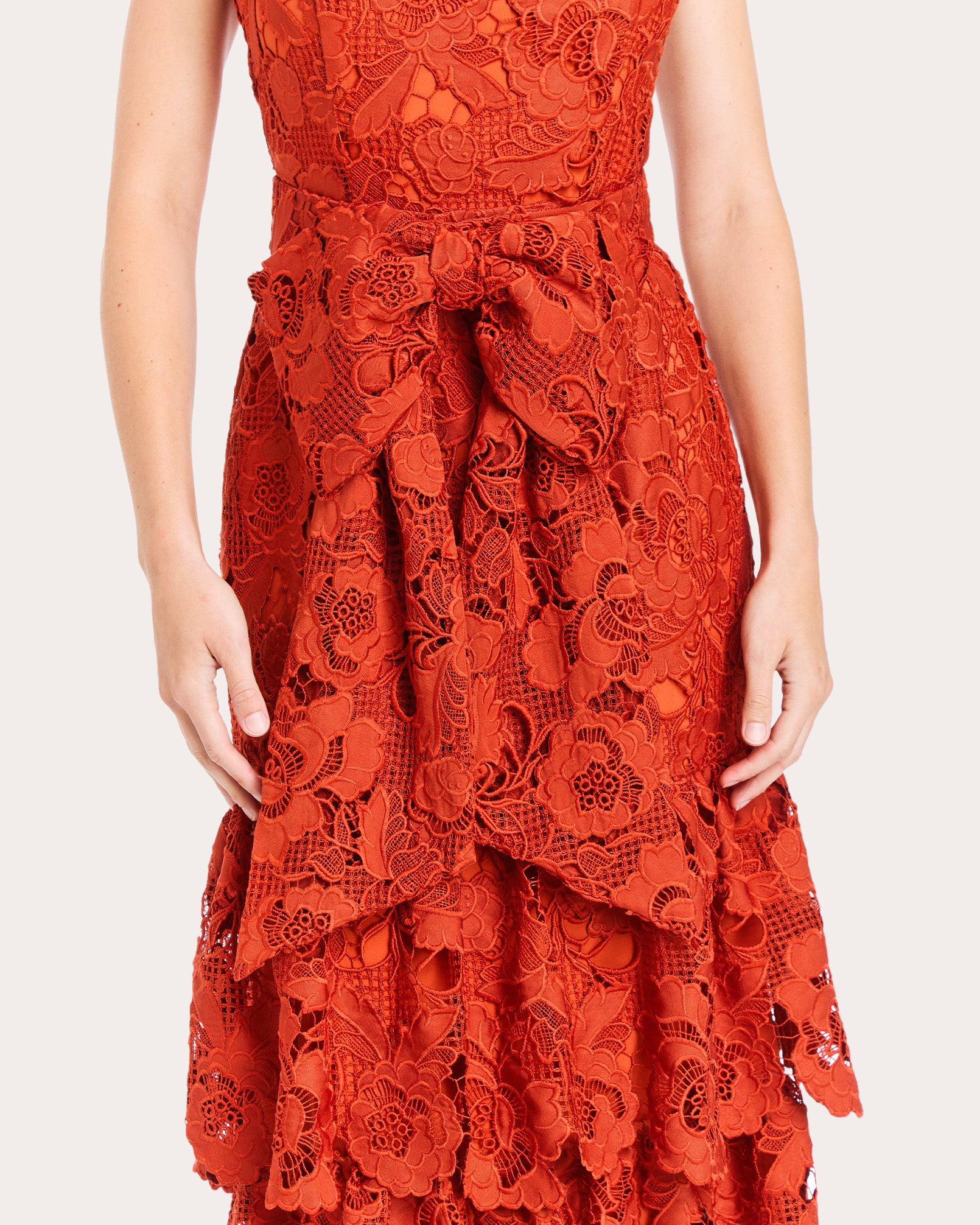 Vanessa Belted Tiered Guipure Lace Midi Dress