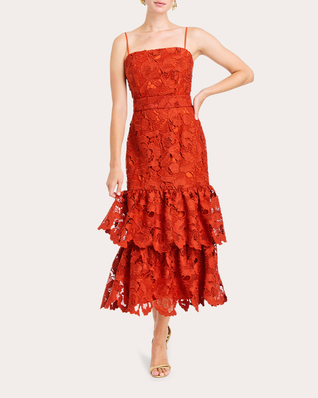 Vanessa Belted Tiered Guipure Lace Midi Dress