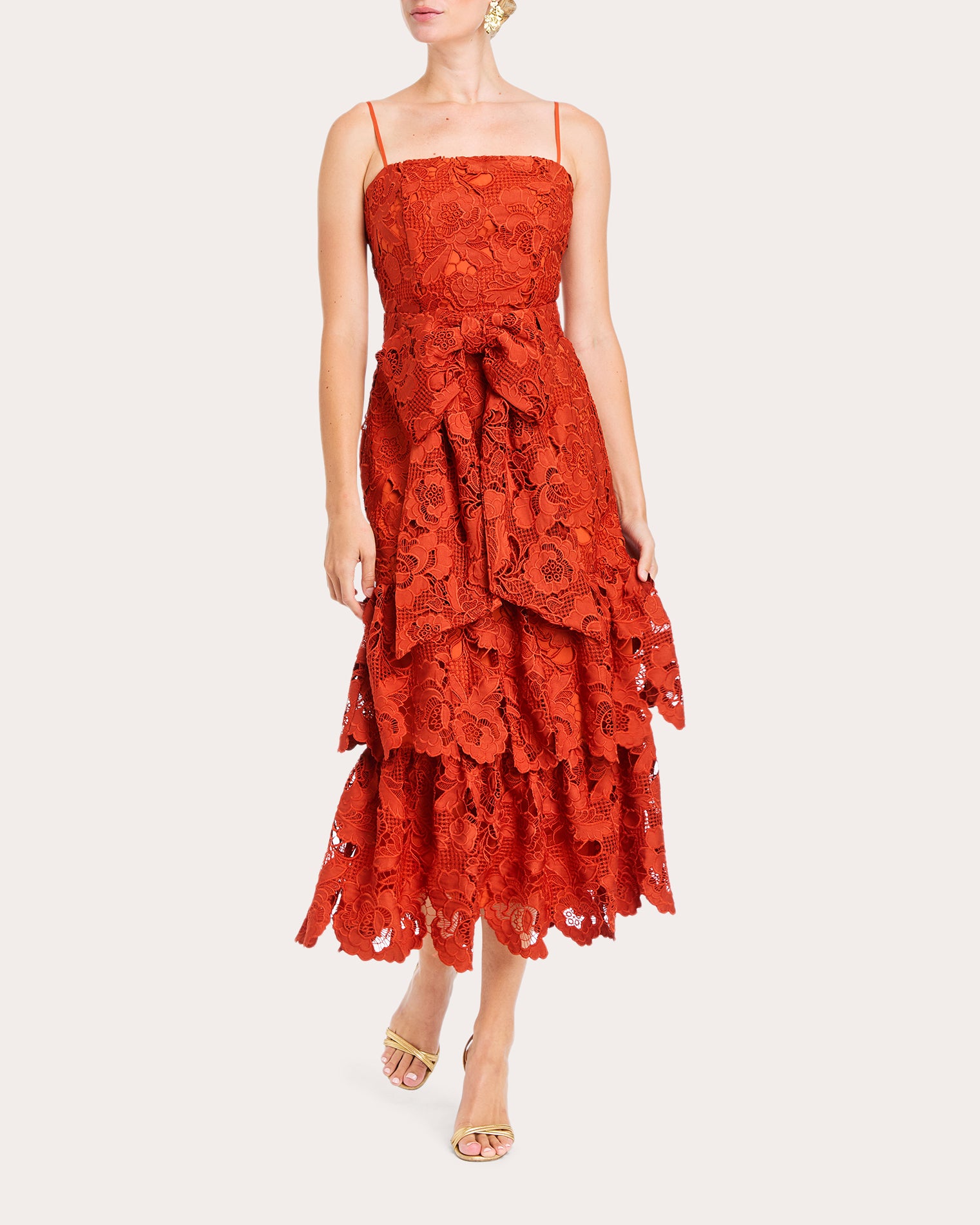 Vanessa Belted Tiered Guipure Lace Midi Dress