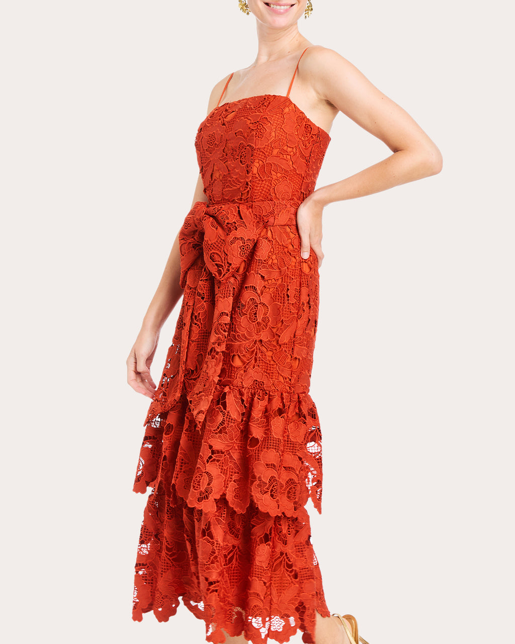 Vanessa Belted Tiered Guipure Lace Midi Dress