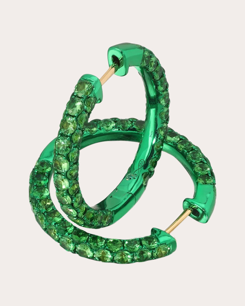 Large Three-Sided 18K Gold Tsavorite Hoop Earrings