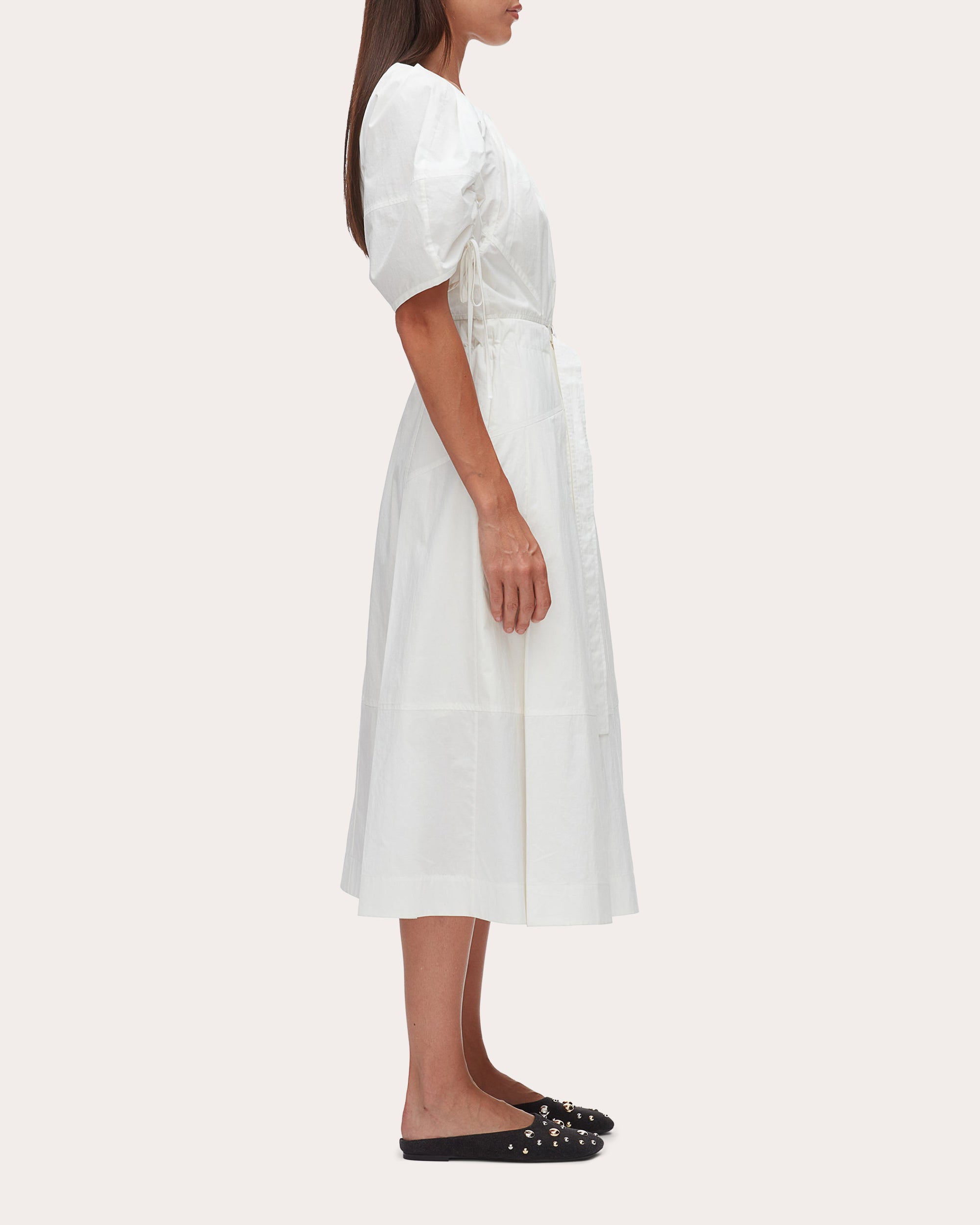 Cotton Poplin Ruched-Sleeve Midi Dress