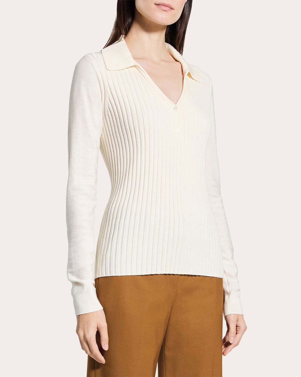 Ribbed Wool Collared Polo Sweater