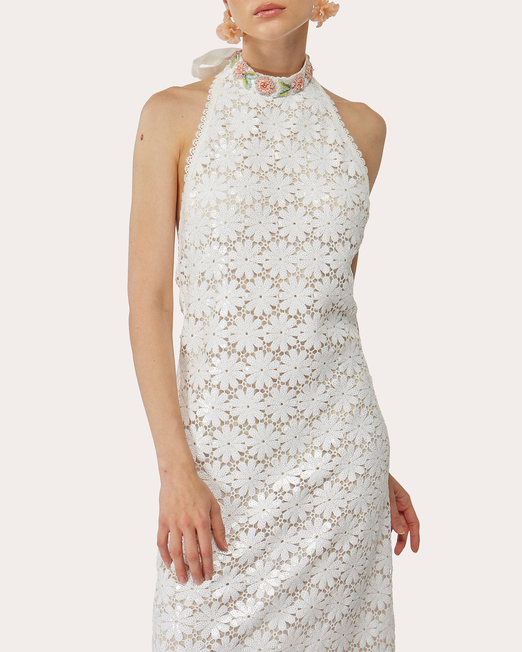 Gemma Floral Sequin Lace Halter Maxi Dress S / White