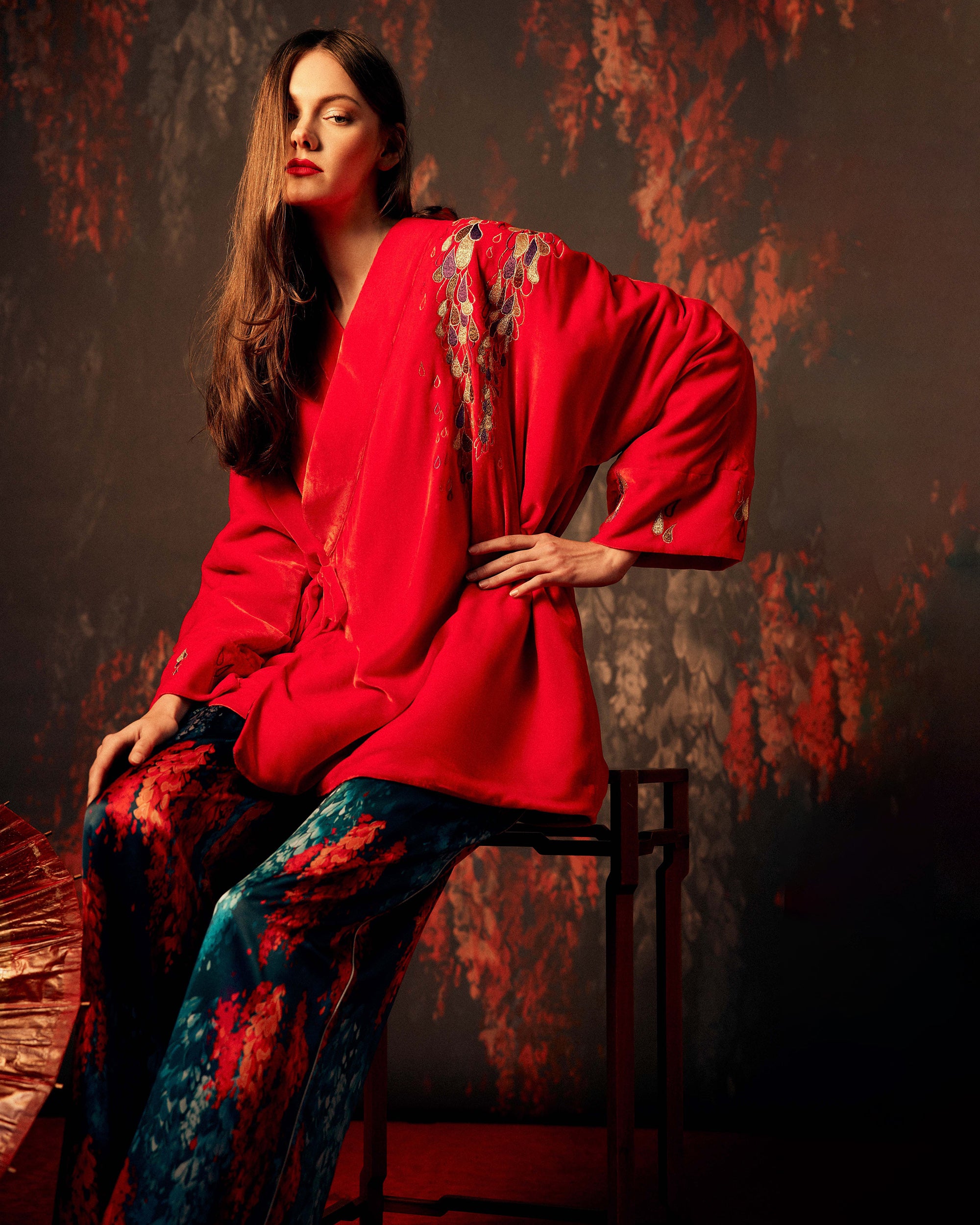 Hanten Embroidered Velvet Wrap Jacket