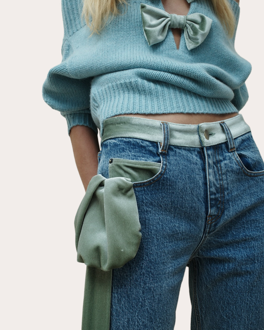 Colin Velvet Bow Off-Shoulder Sweater