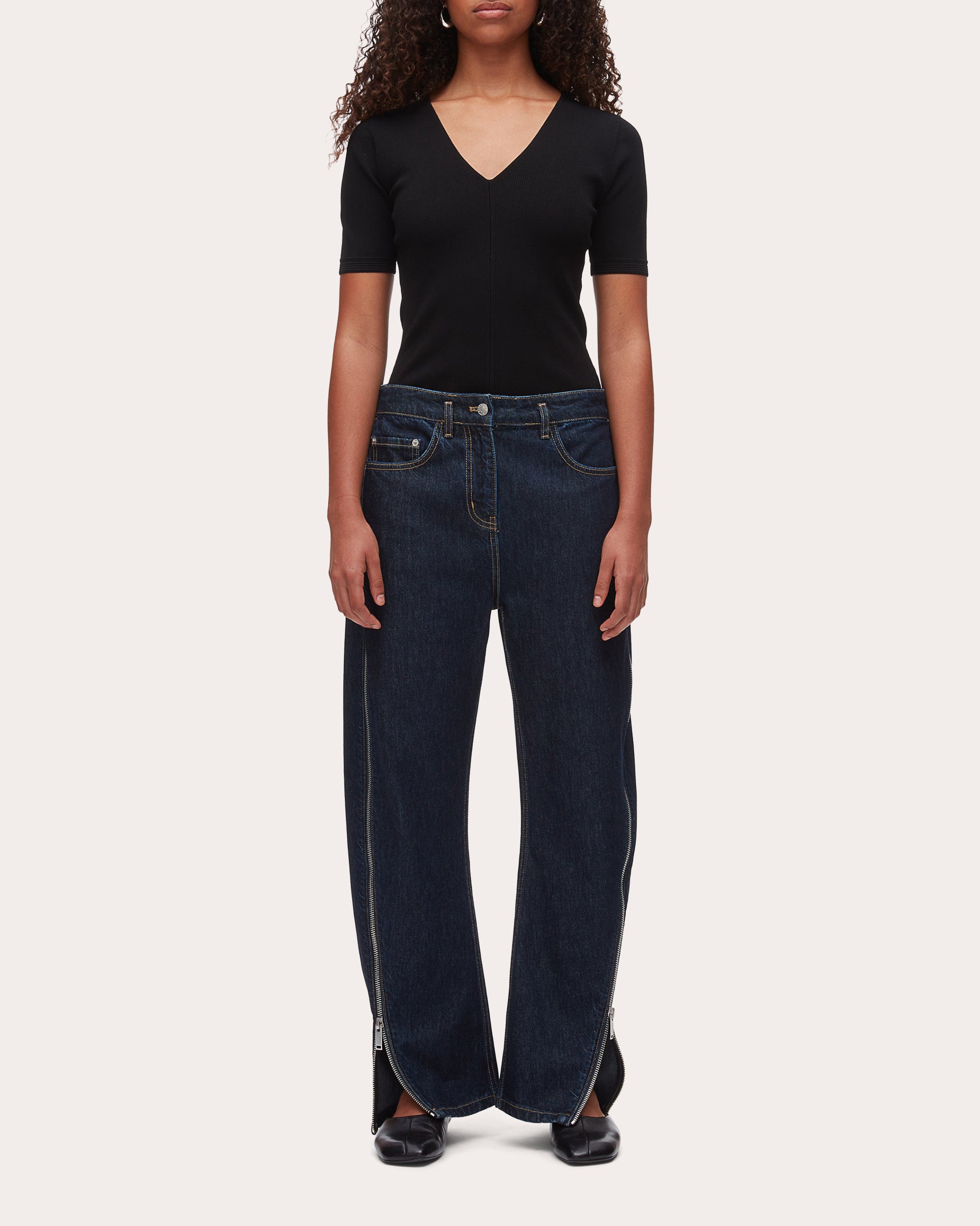 Denim Twill Zip Curved-Leg Jeans