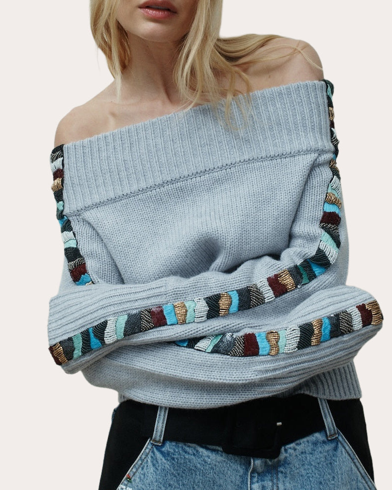 Trevor Beaded Wool Cashmere Off-Shoulder Sweater