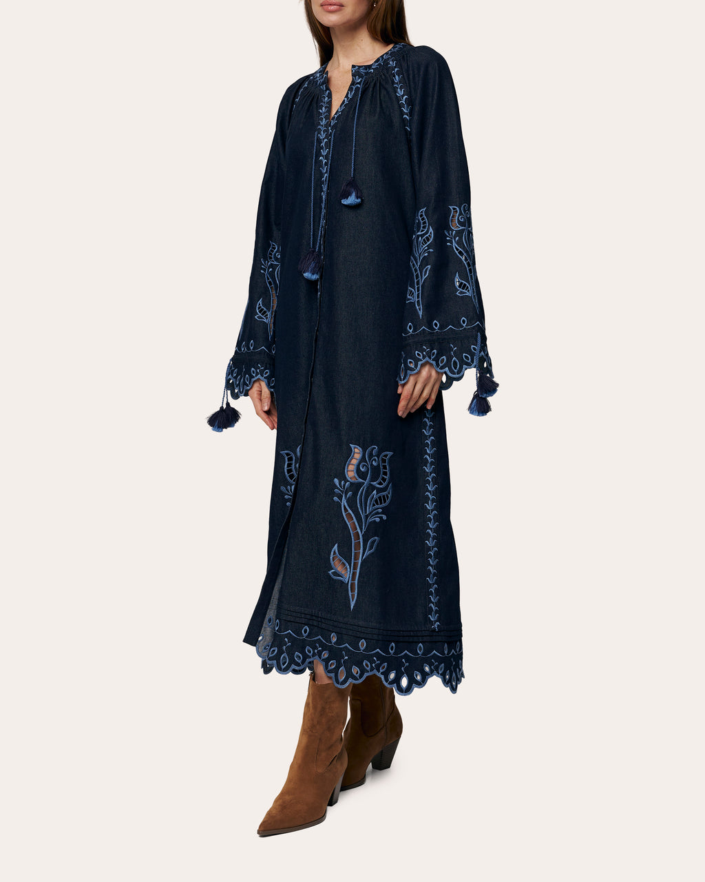 Midnight Rose Embroidered Cotton Maxi Dress