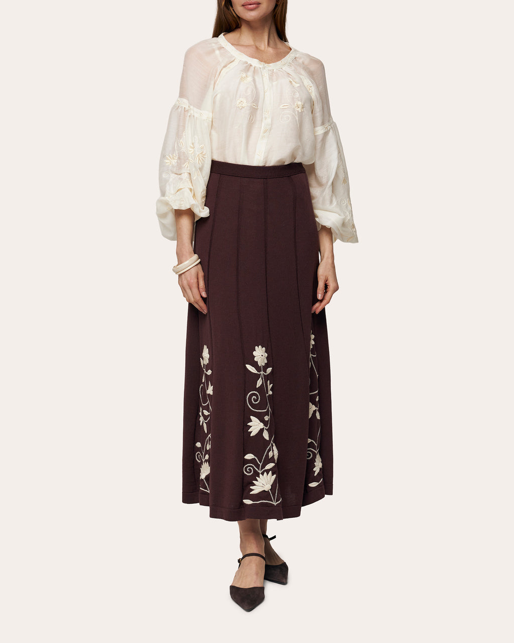 Etherea Embroidered Wool Pleated Maxi Skirt